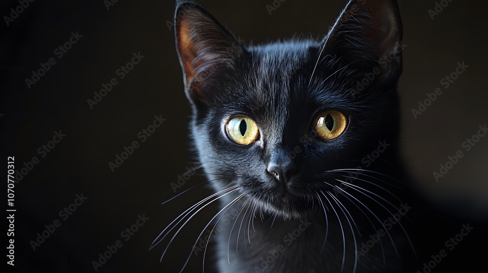 Sleek black cat with golden eyes. National Black Cat Day celebration background Sleek black cat with golden eyes. National Black Cat Day celebration background