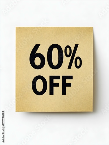 Black '60% OFF' Text on a Light Brown Square Paper Note. White Background 