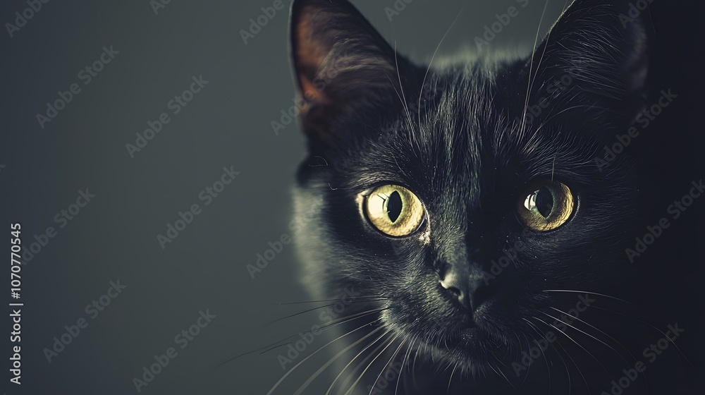 Stylish black cat perched with piercing orange eyes. National Black Cat Day background with copy space Stylish black cat perched with piercing orange eyes. National Black Cat Day background with copy space