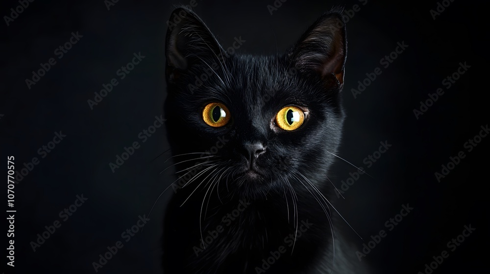 Adorable black cat with radiant golden eyes portrait. National Black Cat Day celebration with negative space Adorable black cat with radiant golden eyes portrait. National Black Cat Day celebration with negative space