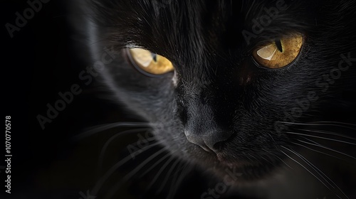 Black cat with glowing yellow eyes portrait. National Black Cat Day. Mysterious animals background