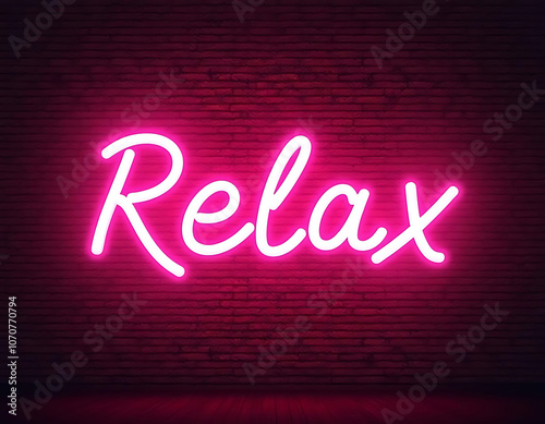 Relax lettering motivation quote glowing neon color on brick wall background.