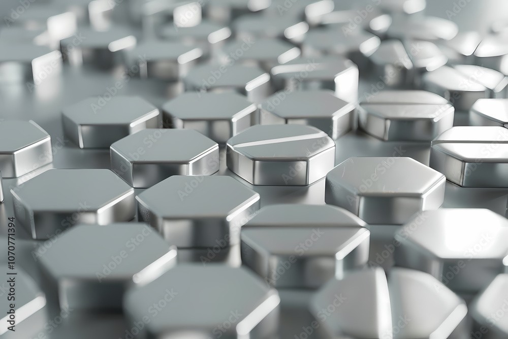 Obraz premium A metallic surface covered in hexagonal shapes, reflecting light with a sleek, modern aesthetic, ideal for tech and industrial themes.
