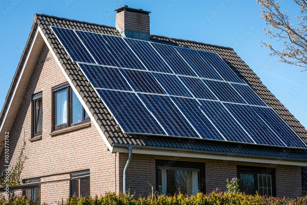 A house featuring solar panels on its roof, showcasing renewable energy use in residential architecture. A house featuring solar panels on its roof, showcasing renewable energy use in residential architecture.