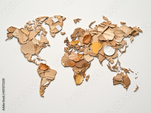 An artistic representation of the world map created using textured paper pieces, showcasing earthy tones and a creative mosaic design. #1070772319