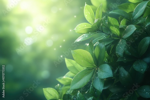 Lush green leaves glistening with dew in a tranquil garden during the early morning light