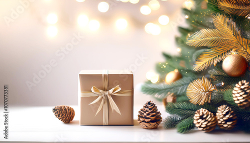 Geschenk mit Weihnachtsbaum im eleganten beige, gold Ton 