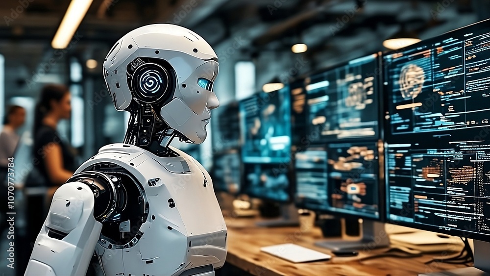 Fototapeta premium AI-generated robot analyzing data on a high-tech screen with graphs, charts, and data points in a futuristic lab setting. 