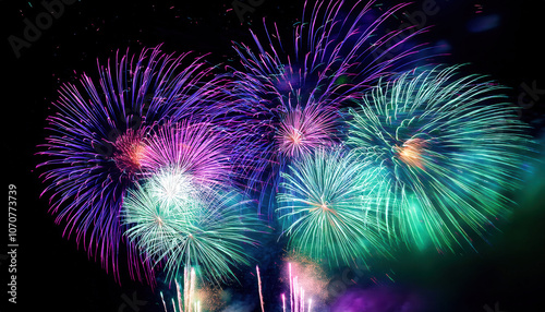 Fireworks in unusual colors like greens, turquoises, and purples, creating a vibrant and stunning display in the night sky, breaking away from traditional reds and golds for a unique visual experience