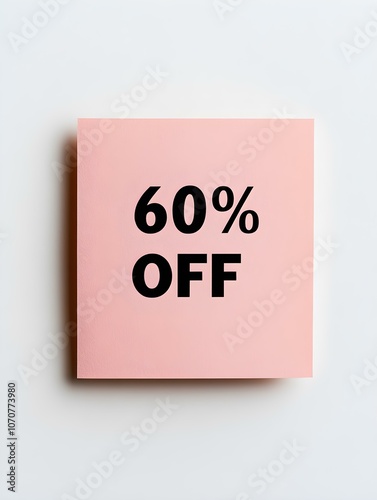 Black '60% OFF' Text on a Light Pink Square Paper Note. White Background 