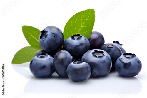 Fresh Blueberries with Leaves on White Background and Clean White Canvas, Use to Website, Blogs, Recipe Books, Packaging, Marketing, Social Media, E-commerce, Print Ads