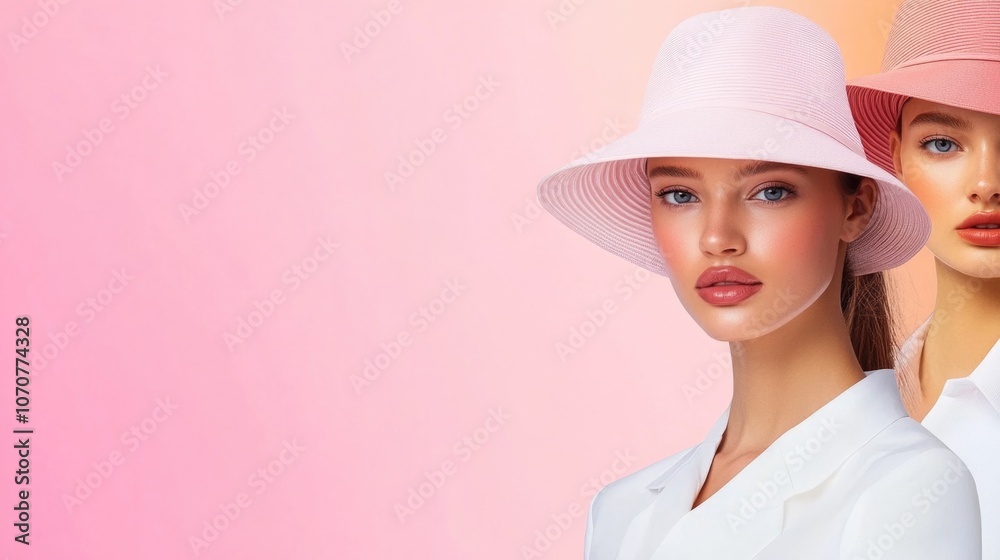 Elegant women in stylish hats against a pastel pink background Elegant women in stylish hats against a pastel pink background