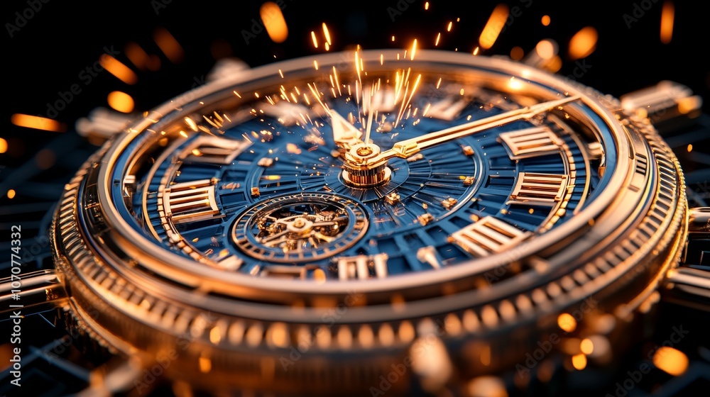 Fototapeta premium Luxury Gold Watch with Intricate Details and Glowing Sparks