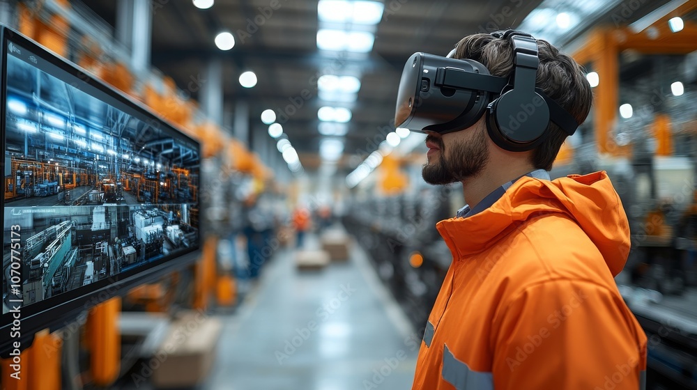 Fototapeta premium Virtual avatars assist factory workers in a modern manufacturing facility during training sessions