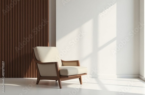 White armchair in room with dark wood slats and white walls