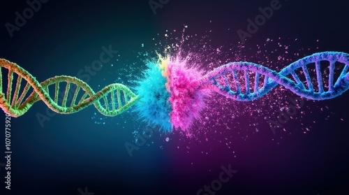 A surrealistic representation of order and chaos in DNA - on one half, colorful DNA helices are arranged neatly, on the other, they are tangled and chaotic.