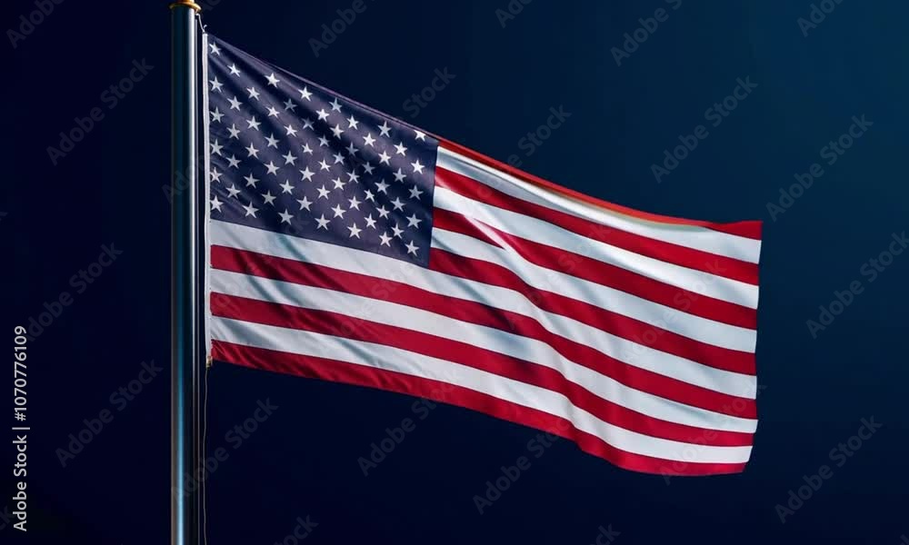 American flag proudly waving against a dark blue sky with copy space, representing Flag Day and Independence Day American flag proudly waving against a dark blue sky with copy space, representing Flag Day and Independence Day