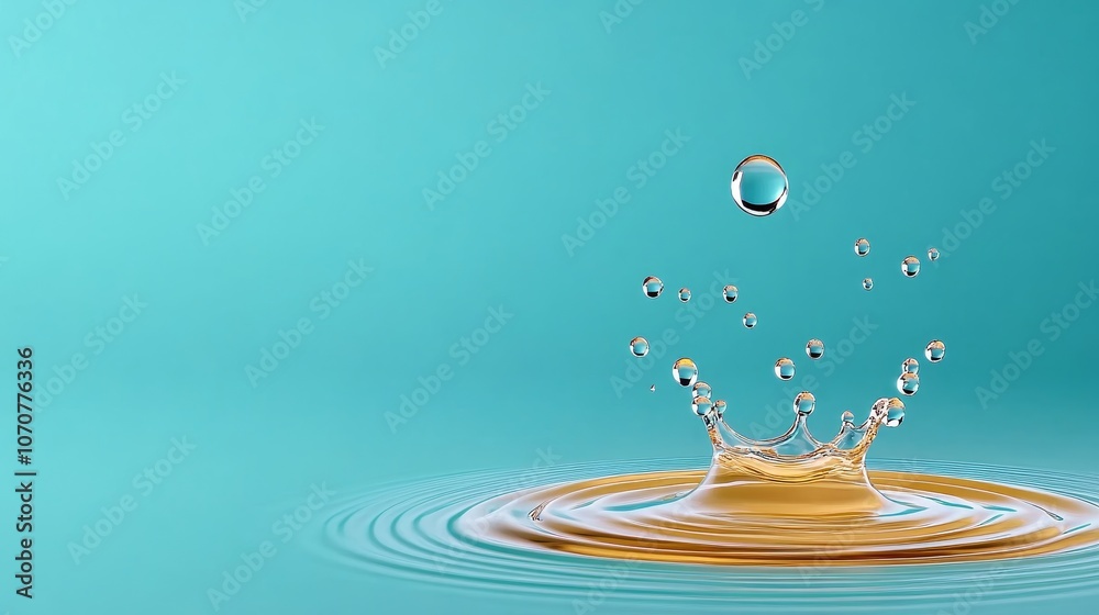 Water Droplet Splash with Ripples on Blue Background Water Droplet Splash with Ripples on Blue Background