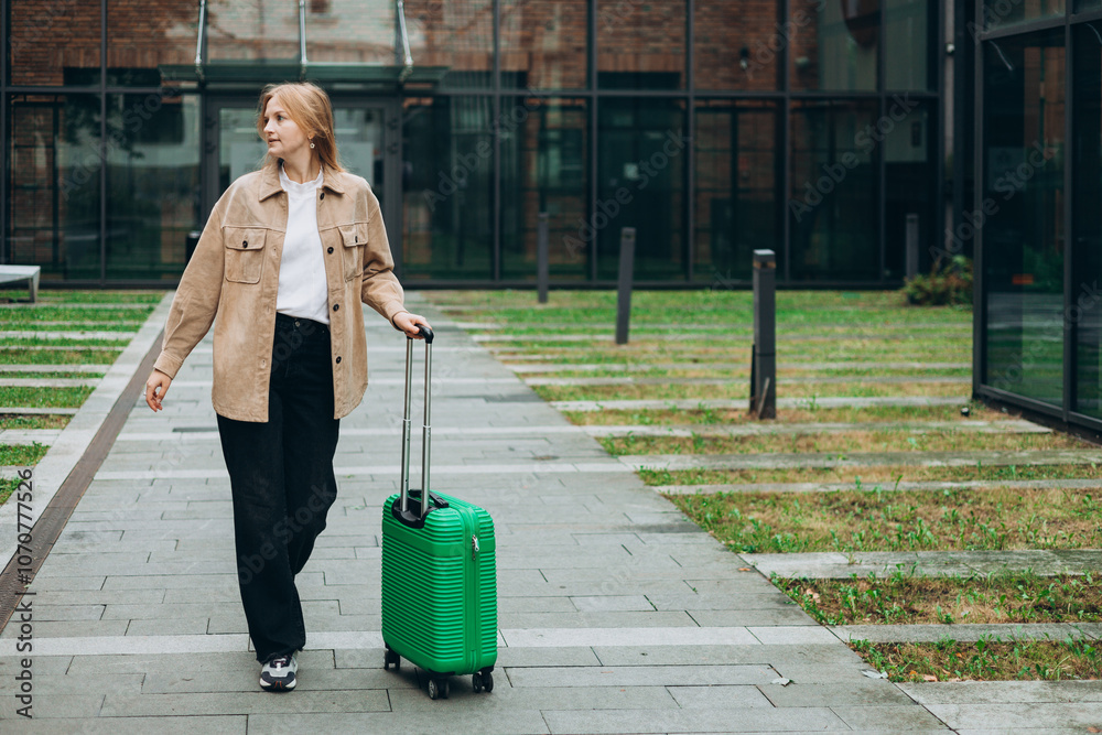 Cheerful young woman in casual outfit walking on the city park with green luggage. 30s Woman dragging suitcase near hotel. Travel Fashion concept. Full body
