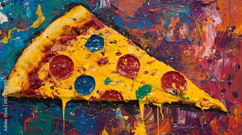 Vibrant pizza slice with colorful toppings on an abstract, painted background. photo