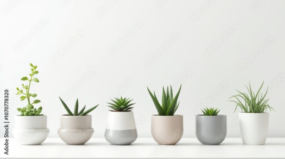A series of minimalist potted plants on a clean white background - small succulents, snake plants, and cacti. A series of minimalist potted plants on a clean white background - small succulents, snake plants, and cacti.