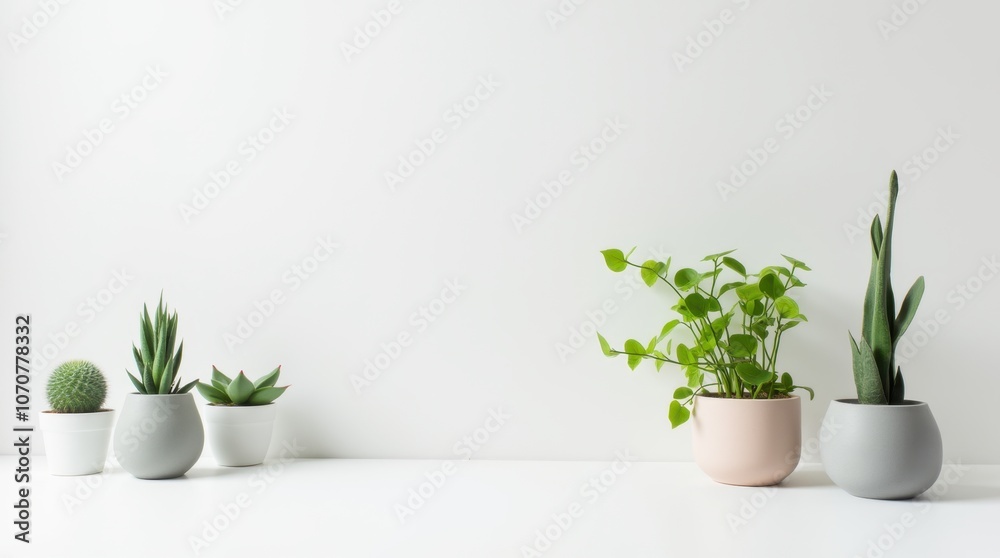 A series of minimalist potted plants on a clean white background - small succulents, snake plants, and cacti.