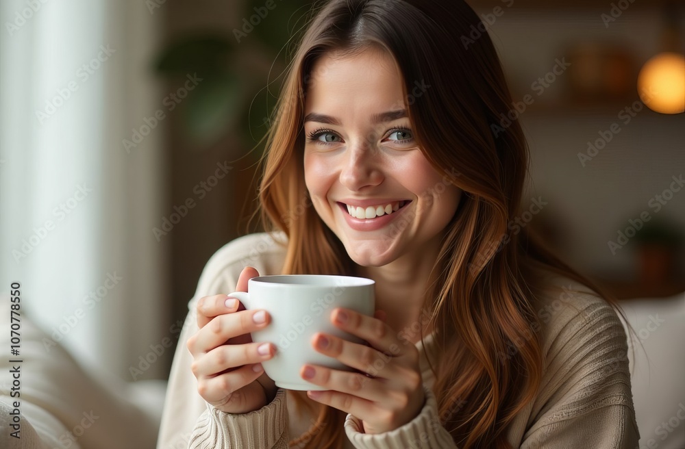 Smiling woman enjoying a cup of coffee in home background Smiling woman enjoying a cup of coffee in home background
