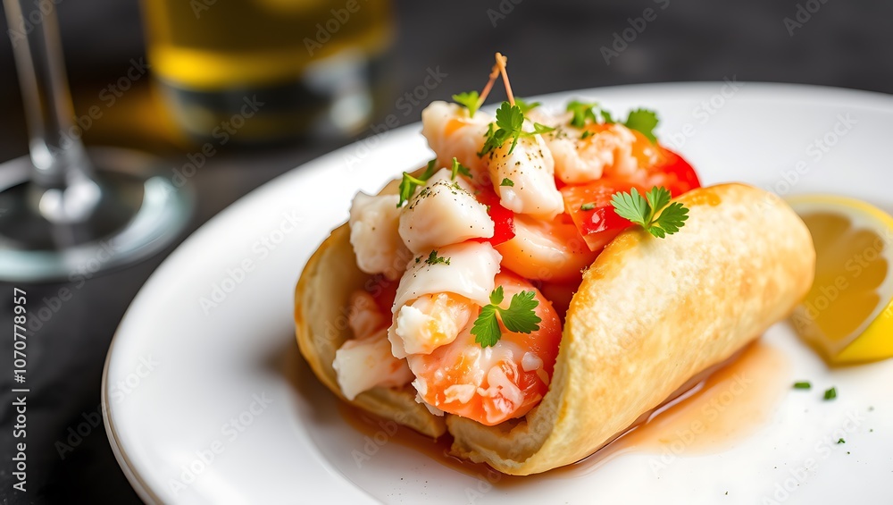 A delicious freshly made lobster roll with lobster, lemon, celery, and mayonnaise. A delicious freshly made lobster roll with lobster, lemon, celery, and mayonnaise.