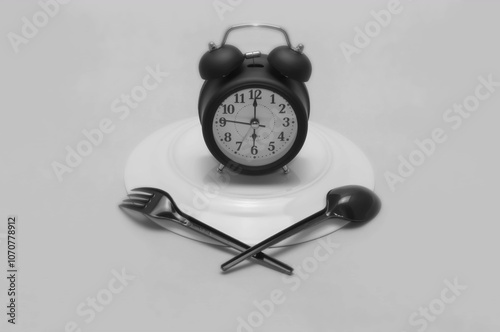 clock on an inverted plate black and white background