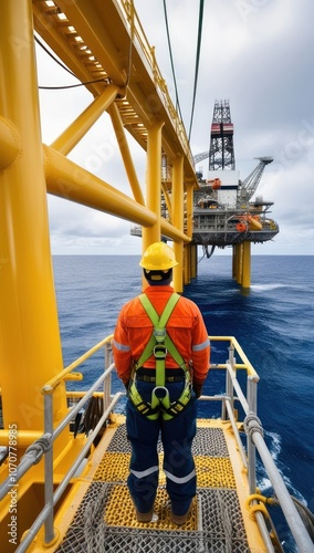 An offshore worker stands on an offshore platform at a large oil rig. Offshore oil and gas industry and operated by technician petroleum