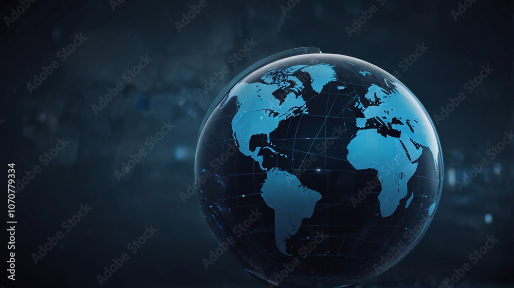 Fototapeta premium Abstract blue background with globe and technology elements, a business presentation template Simple design of a global map on transparent glass or paper, a futuristic poster for a world