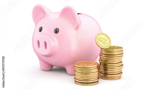 Pink piggy bank with stacked gold coins and one coin dropping in, representing savings and financial growth, cute and simple design, 3D illustration