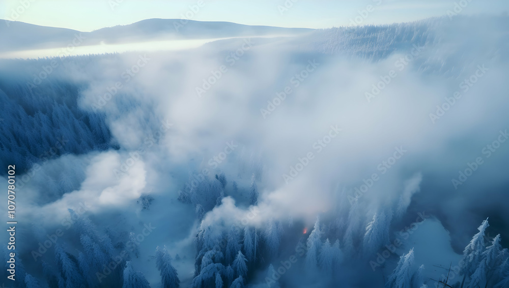 A serene winter landscape shrouded in fog and snow, with hints of fire in the distance. A serene winter landscape shrouded in fog and snow, with hints of fire in the distance.