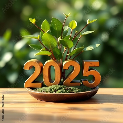 Happy new year 2025 with green plant theme, happy new year with natural theme.