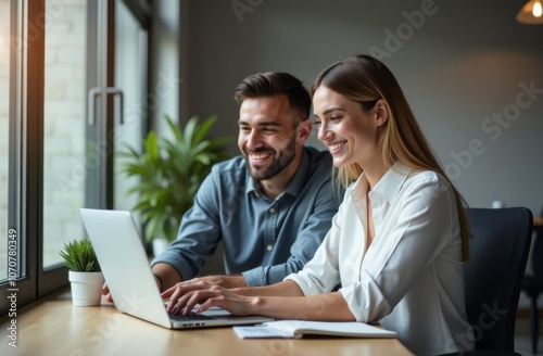 Two people using laptop and smiling