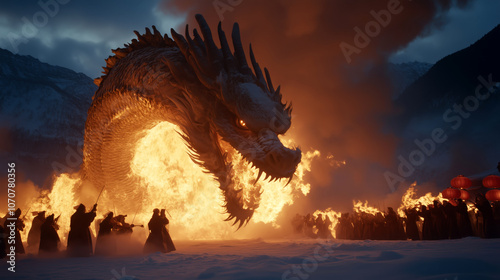 Majestic dragon unleashing fire in a snowy landscape photo