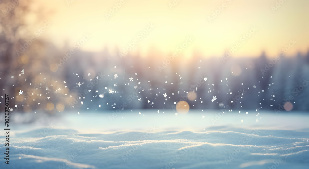 A serene winter landscape with falling snowflakes and a soft sunset glow. A serene winter landscape with falling snowflakes and a soft sunset glow.