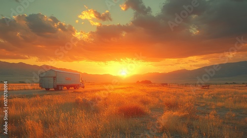 Truck on Open Road During Golden Hour in Rural Landscape