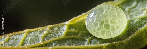 A single, delicate butterfly egg rests on a green leaf, captured in extreme macro photography with soft, natural light. This image highlights the beauty of nature's tiny wonders and the fragility of n photo