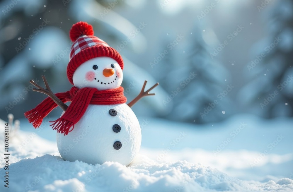 Snowman in red hat and scarf in winter background Snowman in red hat and scarf in winter background
