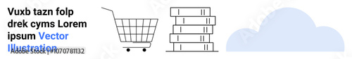Shopping cart, stack of books, cloud, and sample text in modern layout, representing online shopping and cloud services. Ideal for e-commerce, digital libraries, cloud storage, technology, online