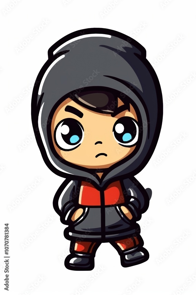 Adorable chibi character in a red and gray hoodie with large blue eyes and a determined expression. Adorable chibi character in a red and gray hoodie with large blue eyes and a determined expression.