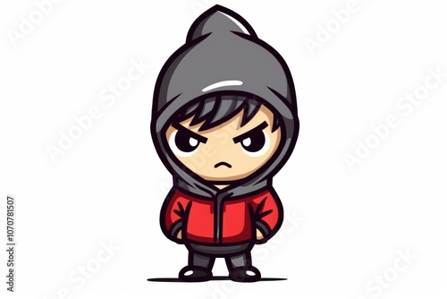 Cartoon character in a red hoodie with a determined expression.