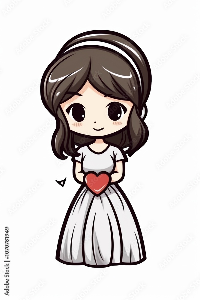 Cute cartoon girl in a white dress holding a red heart, smiling warmly. Cute cartoon girl in a white dress holding a red heart, smiling warmly.