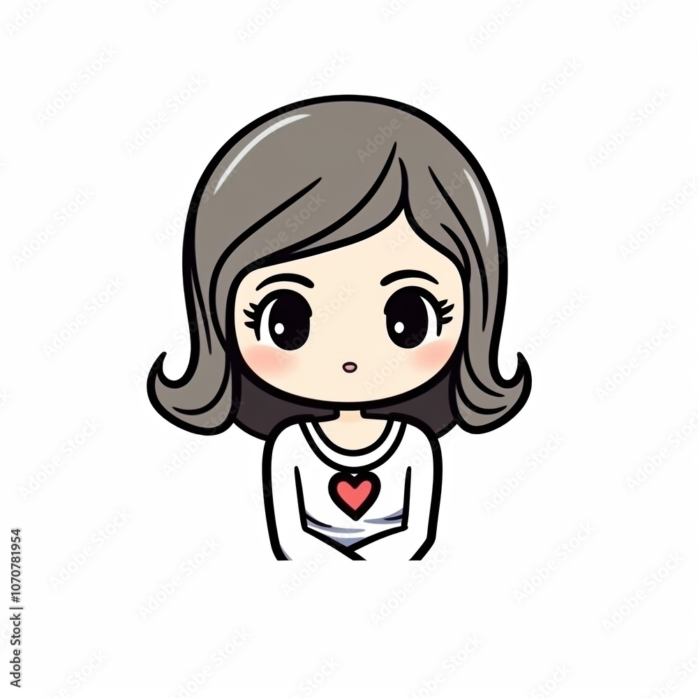 Cute cartoon girl with heart shirt, expressing innocence and charm.