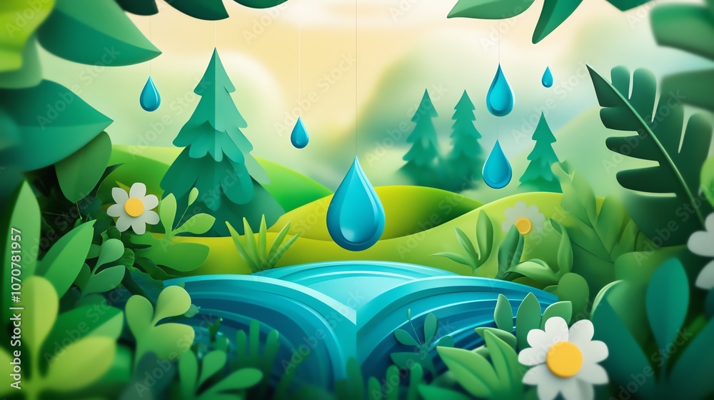 Tranquil landscape with greenery, a waterfall, and droplets in a serene natural setting. Tranquil landscape with greenery, a waterfall, and droplets in a serene natural setting.