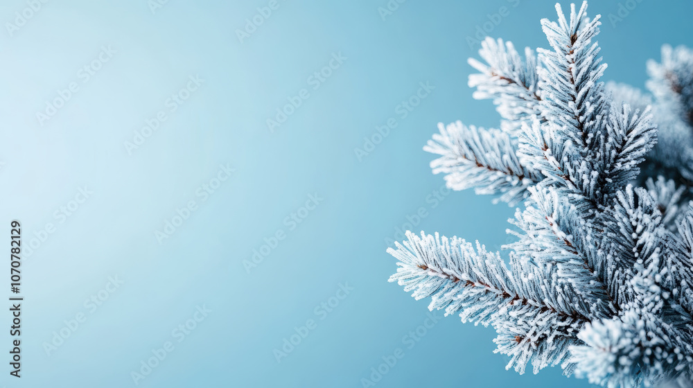 Frosted pine branches against soft blue background create serene atmosphere Frosted pine branches against soft blue background create serene atmosphere
