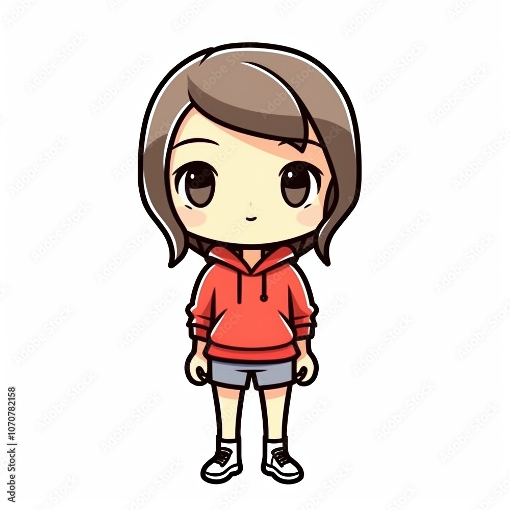 Cute chibi girl character in a red hoodie and shorts on a white background. Cute chibi girl character in a red hoodie and shorts on a white background.