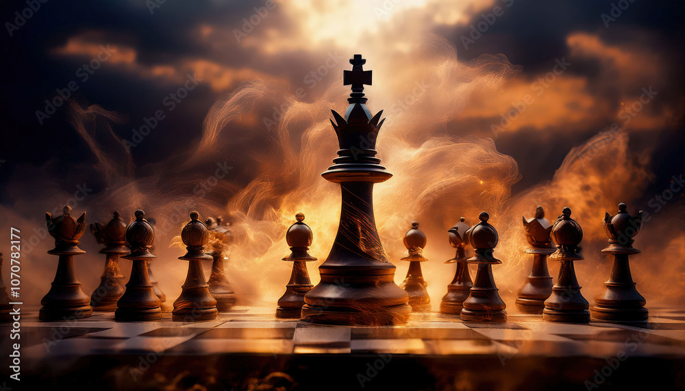 Silhouettes of chess pieces surrounded by curling smoke, evoking an atmosphere of strategy and contemplation. The smoke adds a sense of mystery, enhancing the intellectual challenge and tension Silhouettes of chess pieces surrounded by curling smoke, evoking an atmosphere of strategy and contemplation. The smoke adds a sense of mystery, enhancing the intellectual challenge and tension