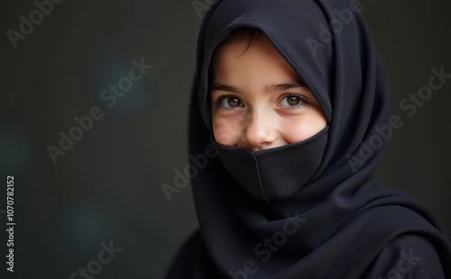 Beautiful Muslim Girl Wearing Black Hijab Hide His Face . Blue Eyes , Arabic Girl  photo